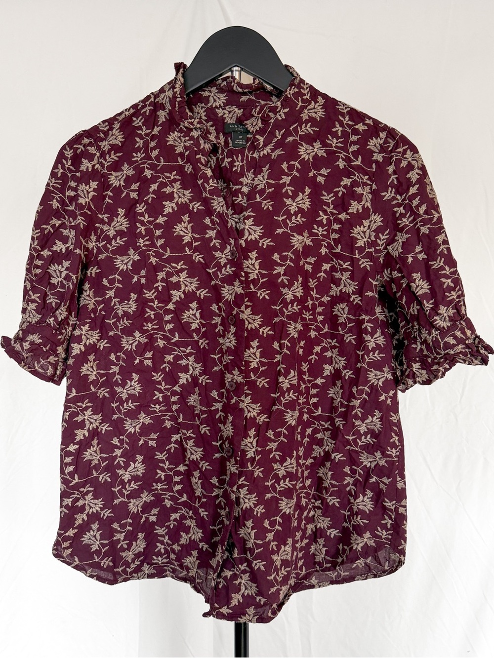 Ann Taylor Embroidered Ruffle Collar Shirt
